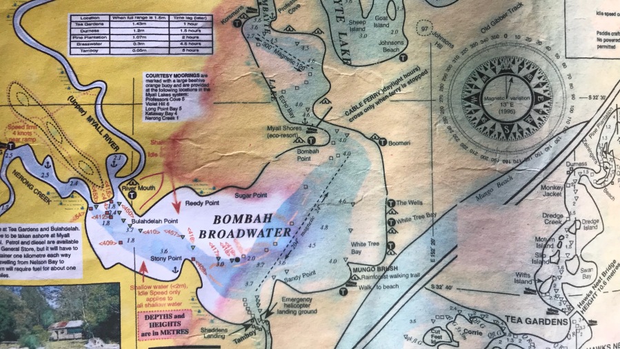 A map of the Bombah Broadwater, slightly water damaged.